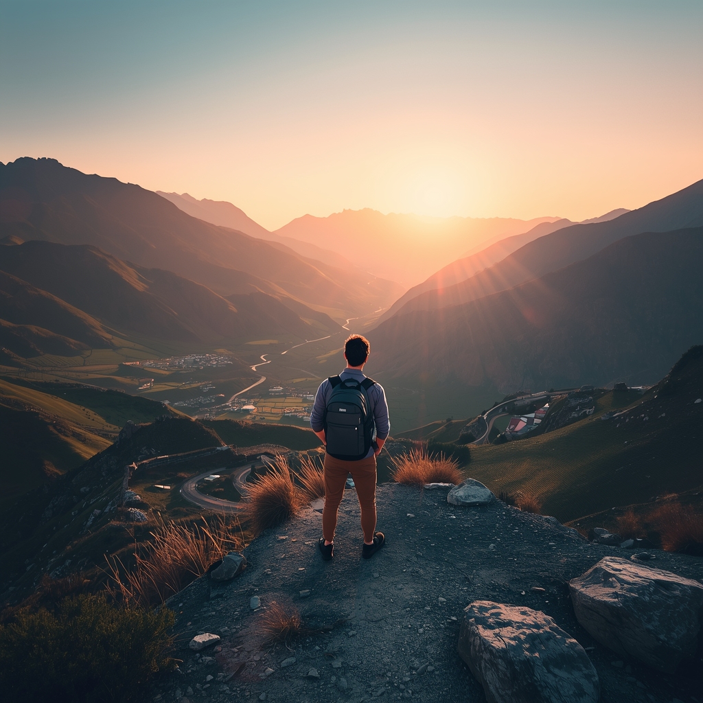 An aerial drone shot of a stunning mountain landscape with a winding road, a solo male traveler with a backpack standing at a viewpoint overlooking a valley at sunrise, cinematic lighting